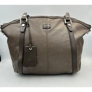 TOD'S - Gray Beige Dark Brown Coated Canvas Leather Tote Bag